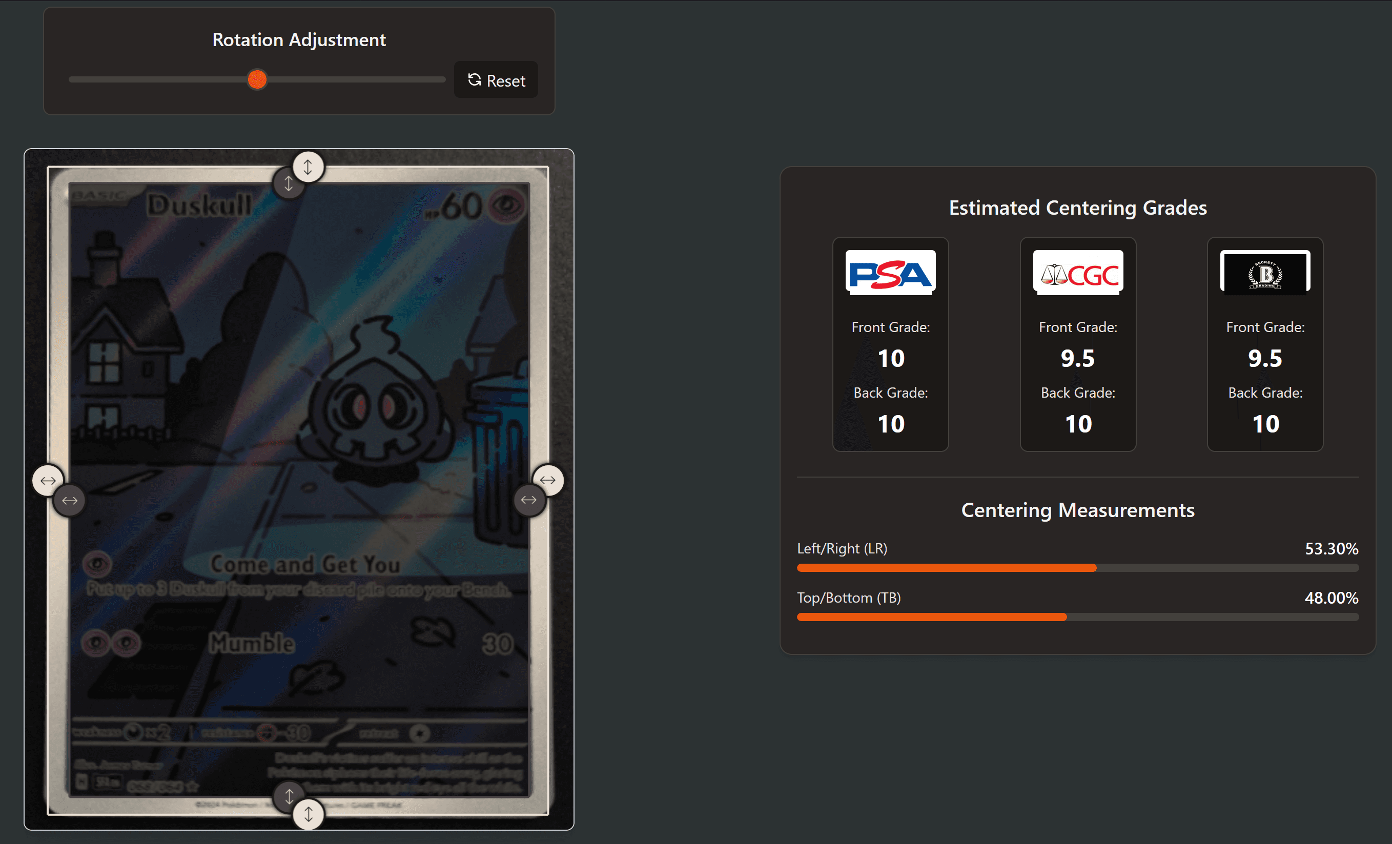 A processed card showing detected inner and outer border lines alongside estimated centering grades