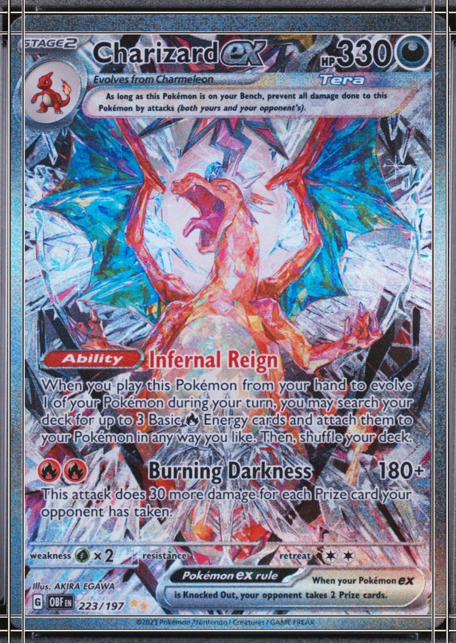 PSA 10 card, certificate 128871072: flattened scan with the card edge (solid cream) and the printed frame (solid dark). Measured 58/42 on the worst axis, past the 55/45 limit.