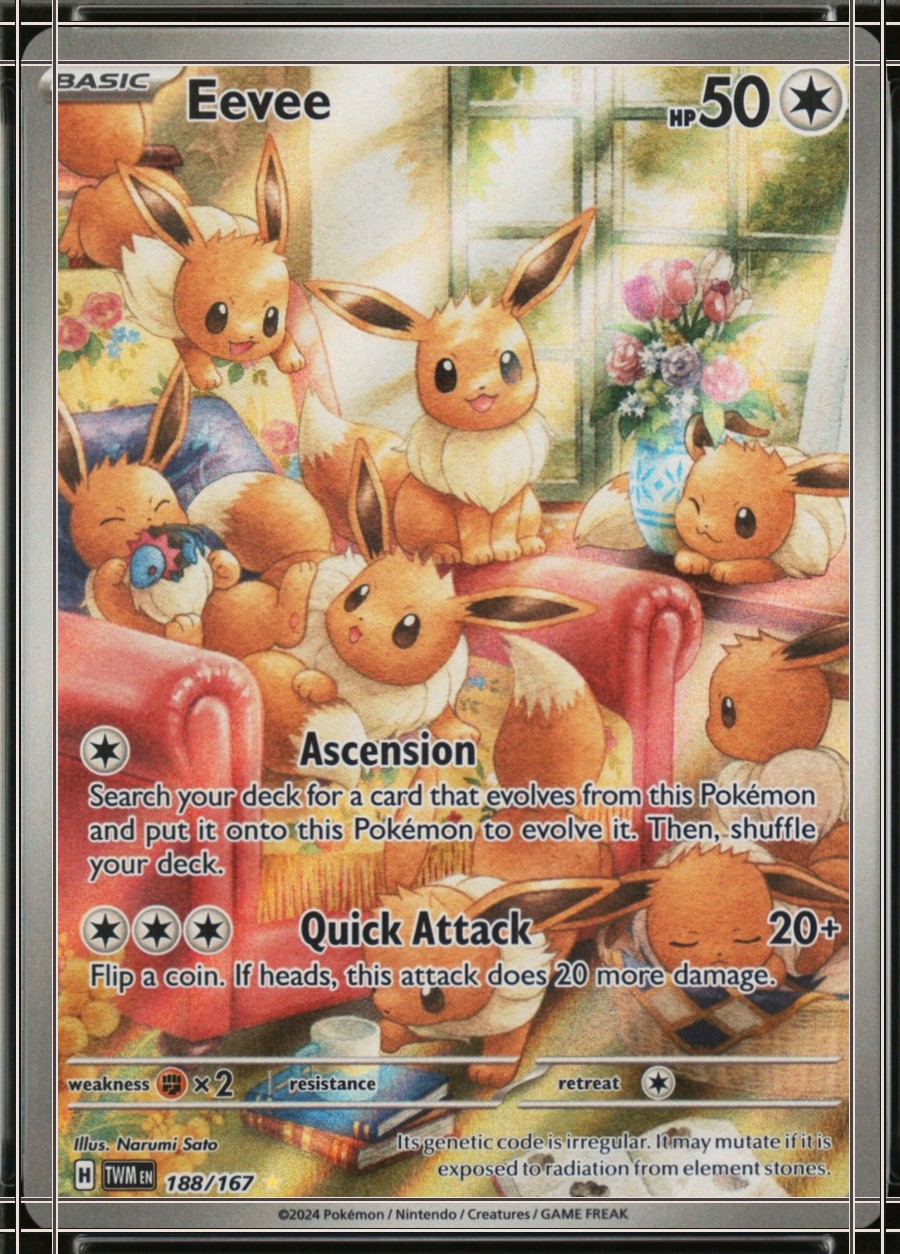 PSA 10 card, certificate 129956693: flattened scan with the card edge (solid cream) and the printed frame (solid dark). Measured 56/44 on the worst axis, past the 55/45 limit.